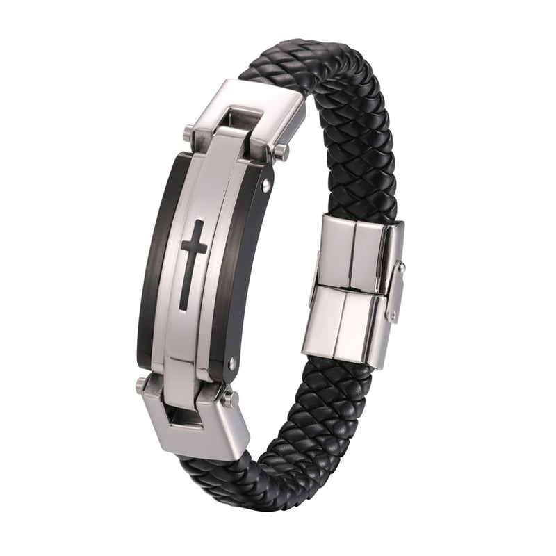 Men's Stainless Steel Cross Leather Bracelet