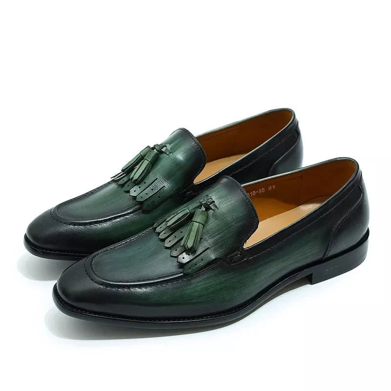 Genuine Leather Handmade Black Green Men's Loafers