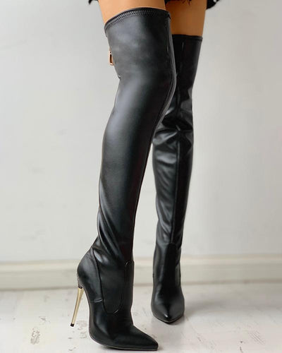 Heel Boots black solid color over knee high long boots