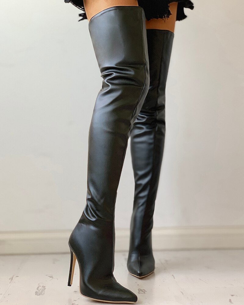 PU Zippper Thin Heeled Long Boots  faux leather over knee long boots