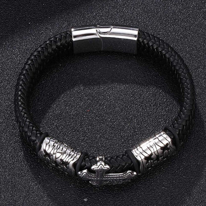 Bracelet Cuir Breloques Croix Fermoir Magnétique Acier Inoxydable