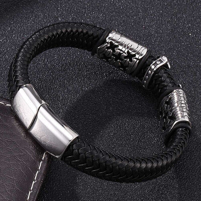 Leather Bracelet Cross Charms Stainless Steel Magnetic Clasp