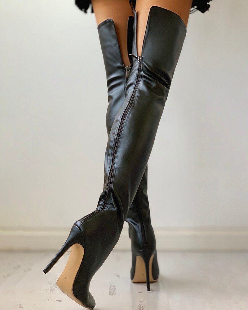 PU Zippper Thin Heeled Long Boots  faux leather over knee long boots