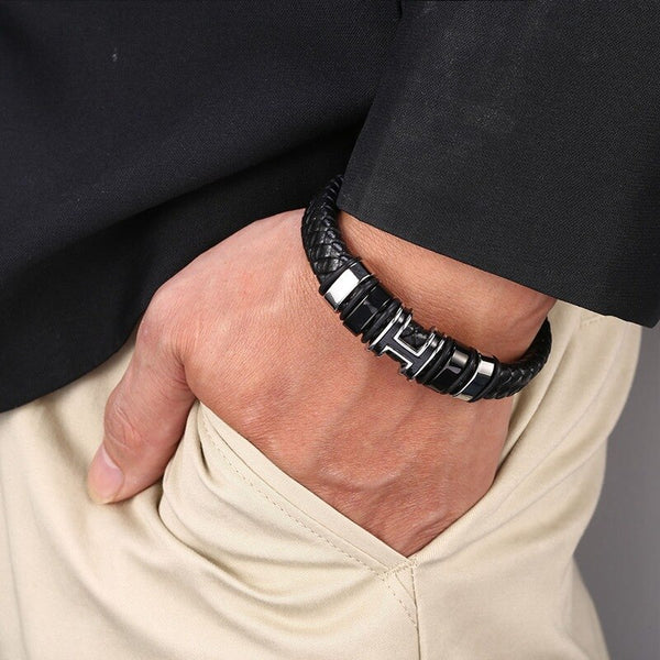 Leather Bracelet for Men Stainless Steel Magnet Clasp