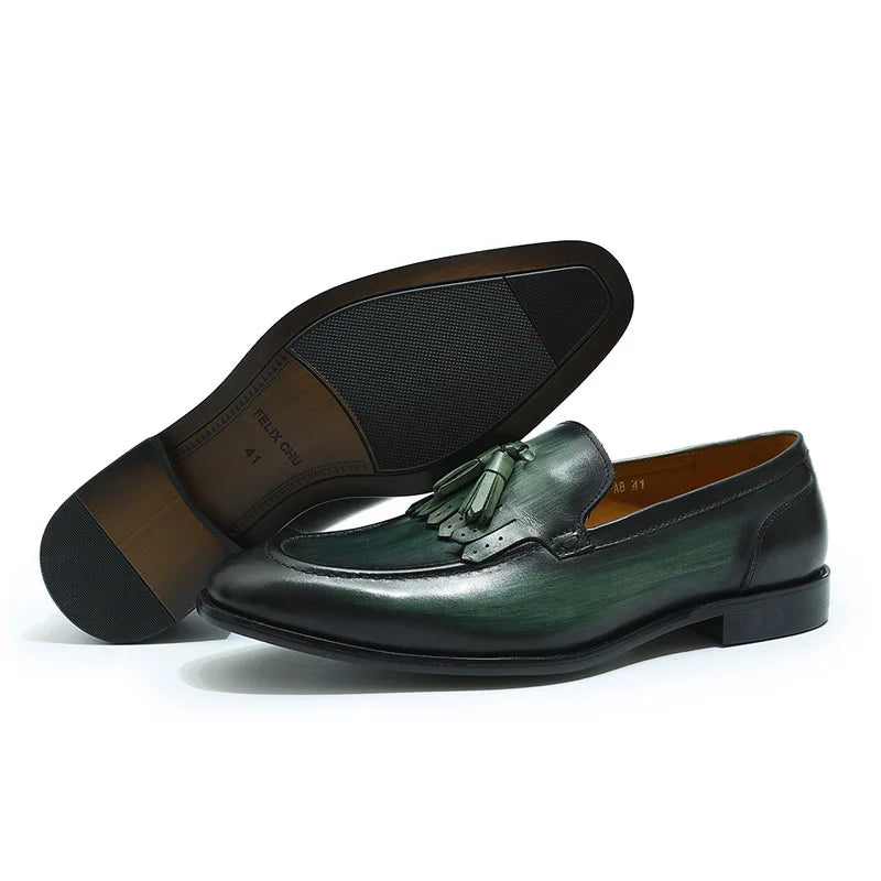 Genuine Leather Handmade Black Green Men's Loafers