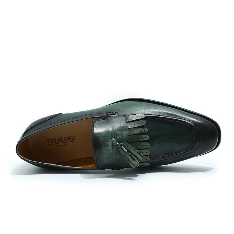 Genuine Leather Handmade Black Green Men's Loafers