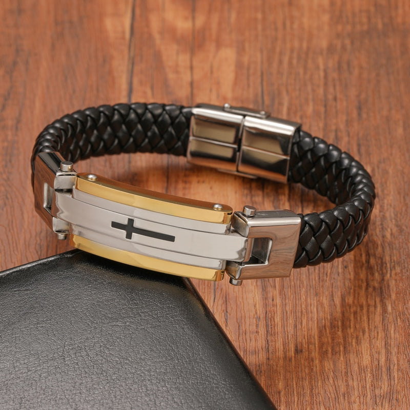 Men's Stainless Steel Cross Leather Bracelet