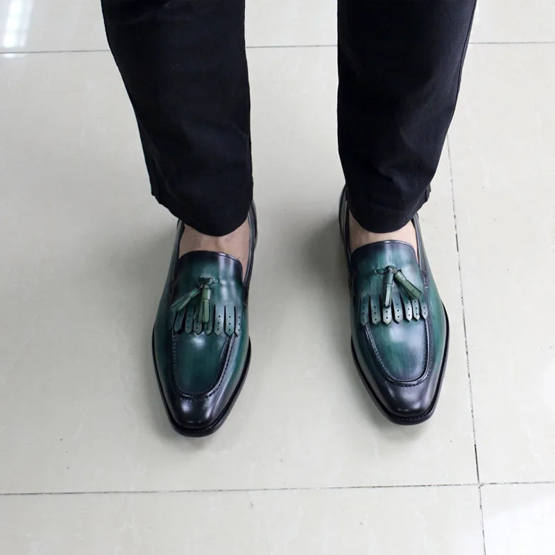 Genuine Leather Handmade Black Green Men's Loafers