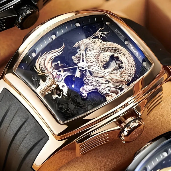 Men’s Luxury Tonneau Skeleton Dragon Dial Mechanical Automatic Watch