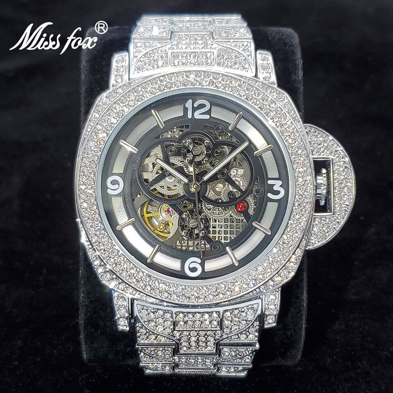 Steel Hollow Auto Clock Luxury Diamond Hip Hop Waterproof Watches