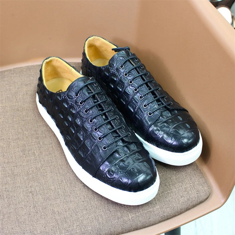 Men's Crocodile Leather Shoes Luxury Handmade Brown Casual Shoes Lace-up