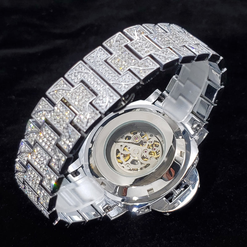 Steel Hollow Auto Clock Luxury Diamond Hip Hop Waterproof Watches