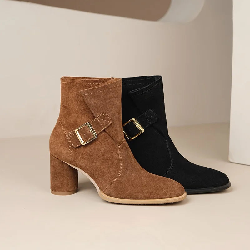 Luxury metal buckle genuine suede leather ankle boots