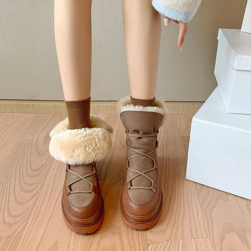 Women snow boots mixed leather fur ankle boots warm