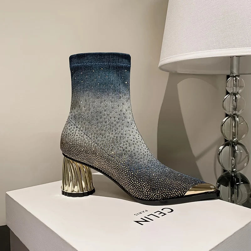 Luxury rhinestone decorative elastic denim ankle boots for women