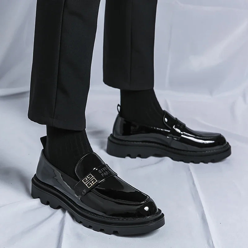 Black Loafers for Men Patent Leather Round Toe Slip-On