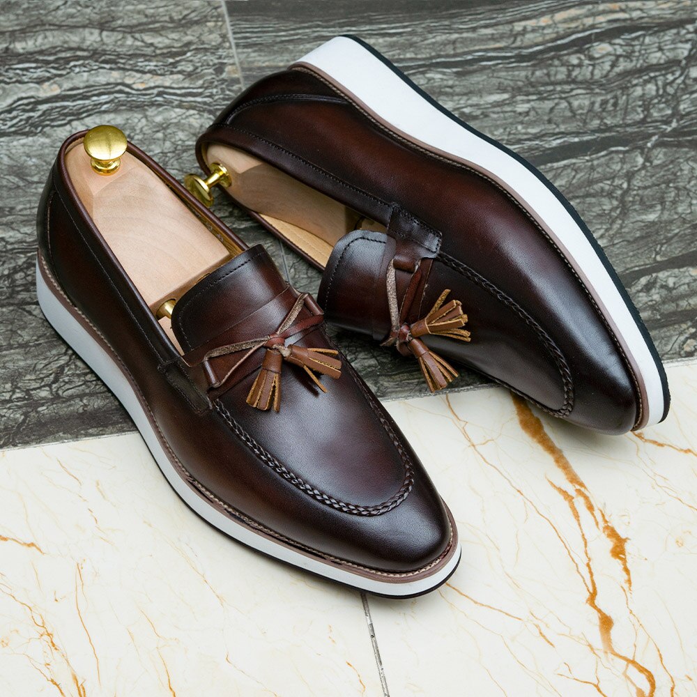 Calf Genuine Leather Casual Shoes Men Tassel Handmade
