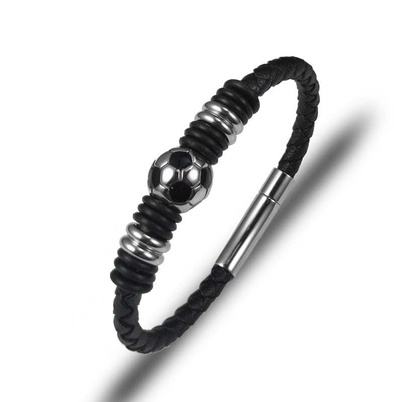 Stainless Steel Football Geometric Braid Leather Bracelet