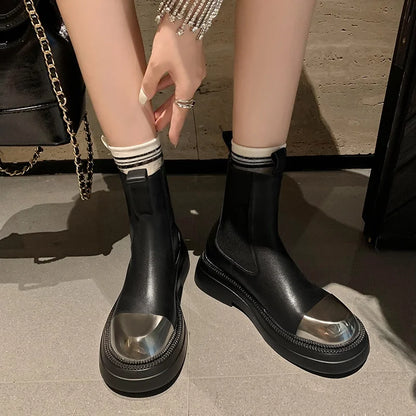 Fashion metal round toe platform ankle boots women shoes