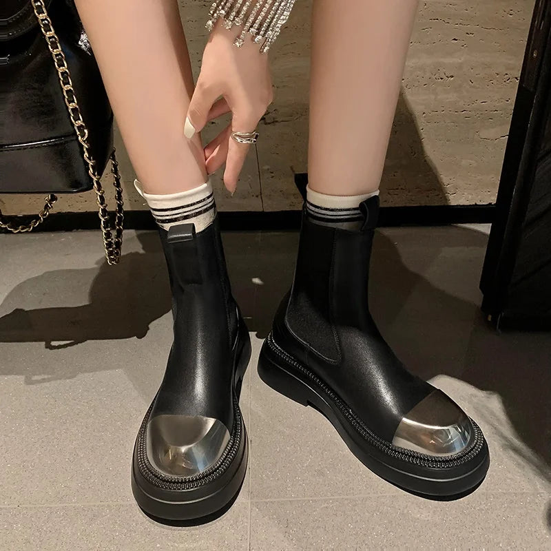 Fashion metal round toe platform ankle boots women shoes