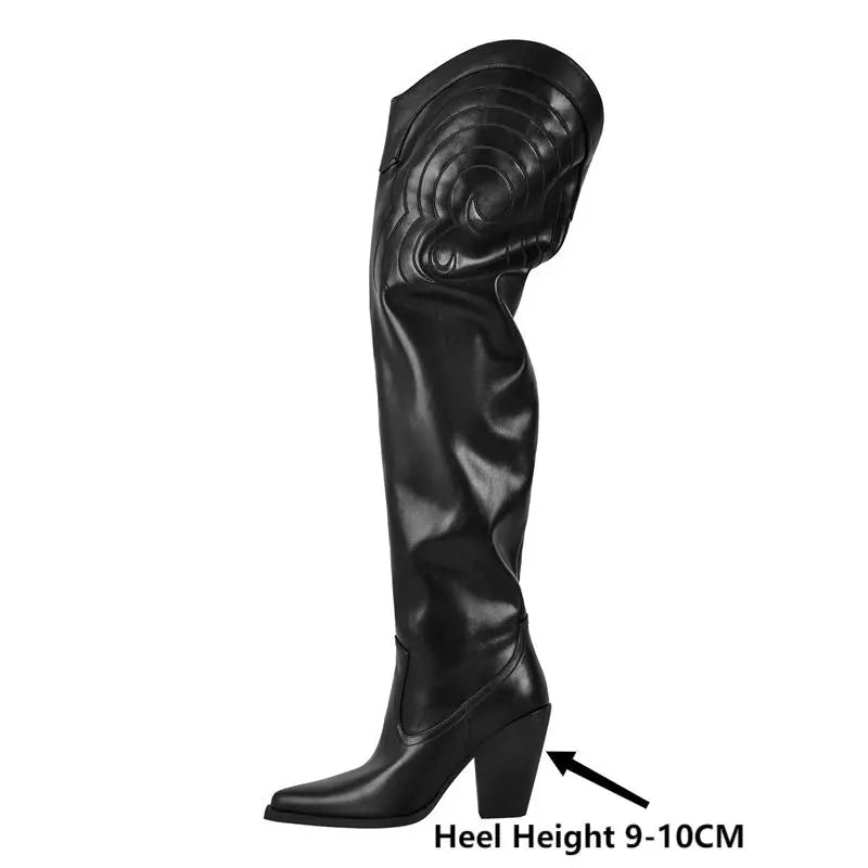 Matte Over The Knee Boots  Pointed Toe Chunky Heel Warm