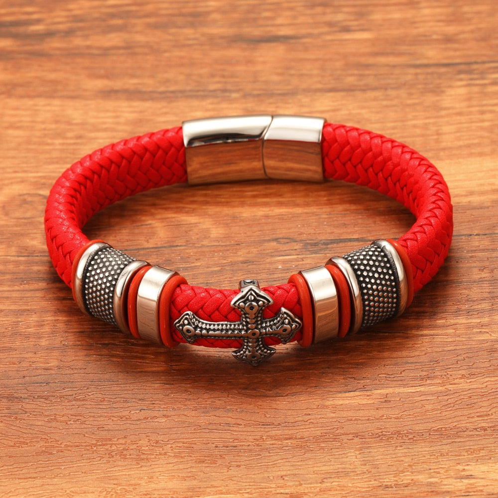 Cross Stainless Steel Men’s Leather Bracelet Magnetic Clasp
