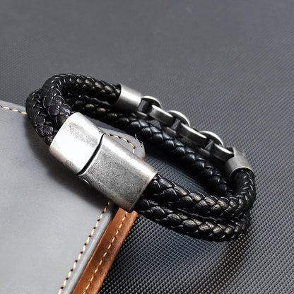 Bracelet en cuir viking à breloques en acier inoxydable multicouche