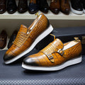 Double Buckles Monk Strap Genuine Leather Crocodile Print Slip-On