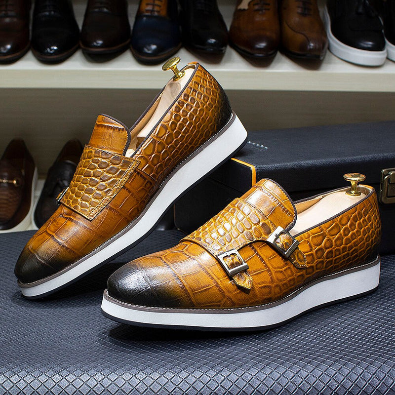 Doble hebilla Monk Correa Cuero Genuino Cocodrilo Estampado Slip-On