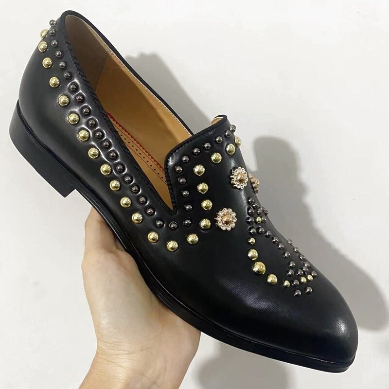 Black Genuine Leather Shoes Men Luxury Beaded Rivets Loafers