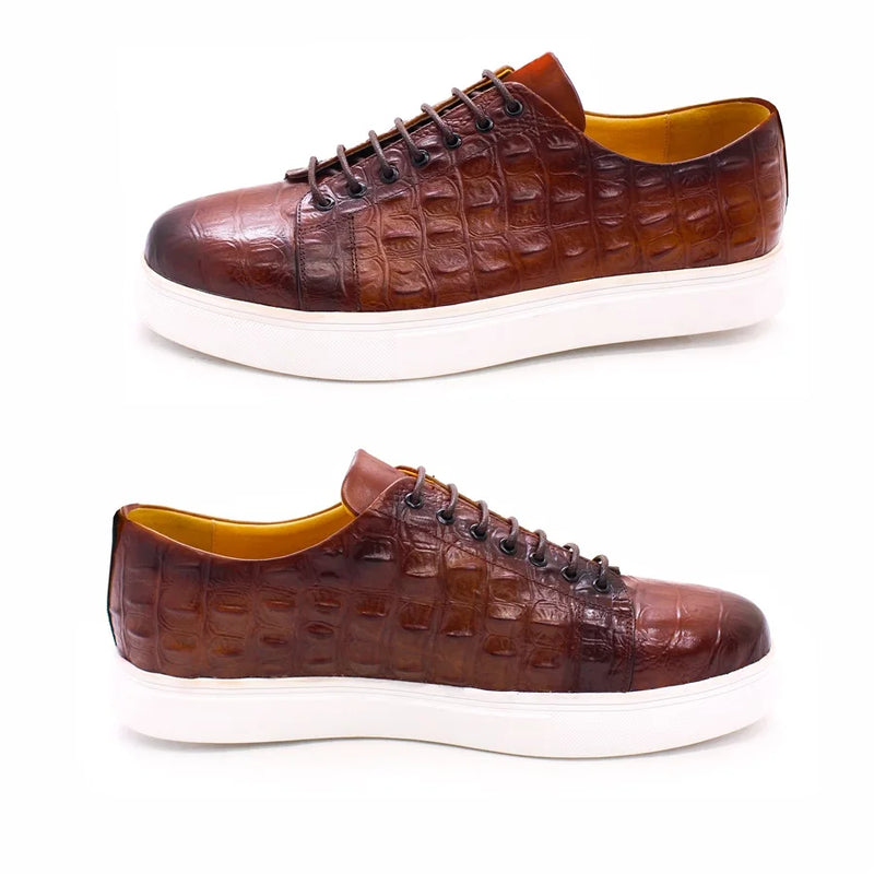 Men's Crocodile Leather Shoes Luxury Handmade Brown Casual Shoes Lace-up