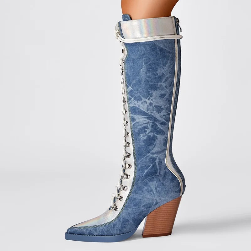 Vintage cowgirl pop cross strap denim knee high boots