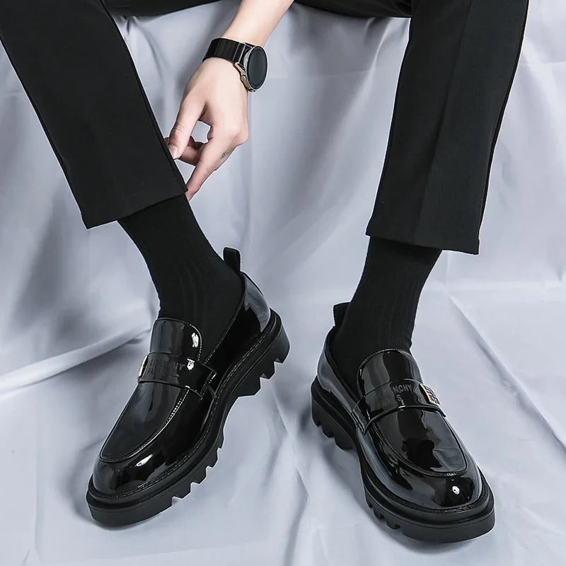 Black Loafers for Men Patent Leather Round Toe Slip-On