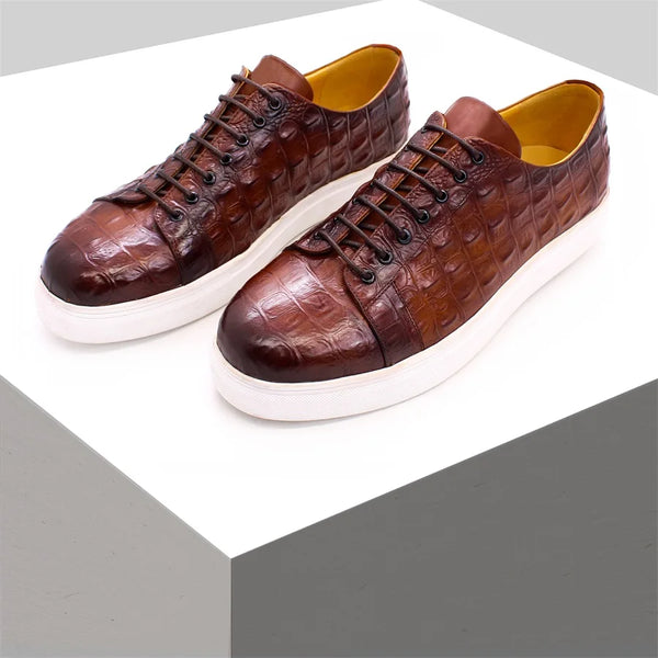 Men's Crocodile Leather Shoes Luxury Handmade Brown Casual Shoes Lace-up