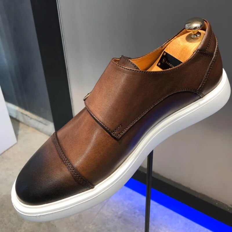 Double Buckle Monk Shoes Brown Handmade Casual Shoes