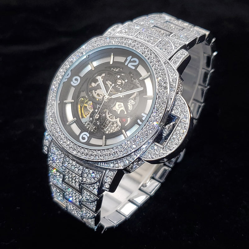 Steel Hollow Auto Clock Luxury Diamond Hip Hop Waterproof Watches