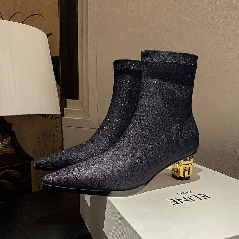 Luxury design elastic sculpture high heel ankle boots for women