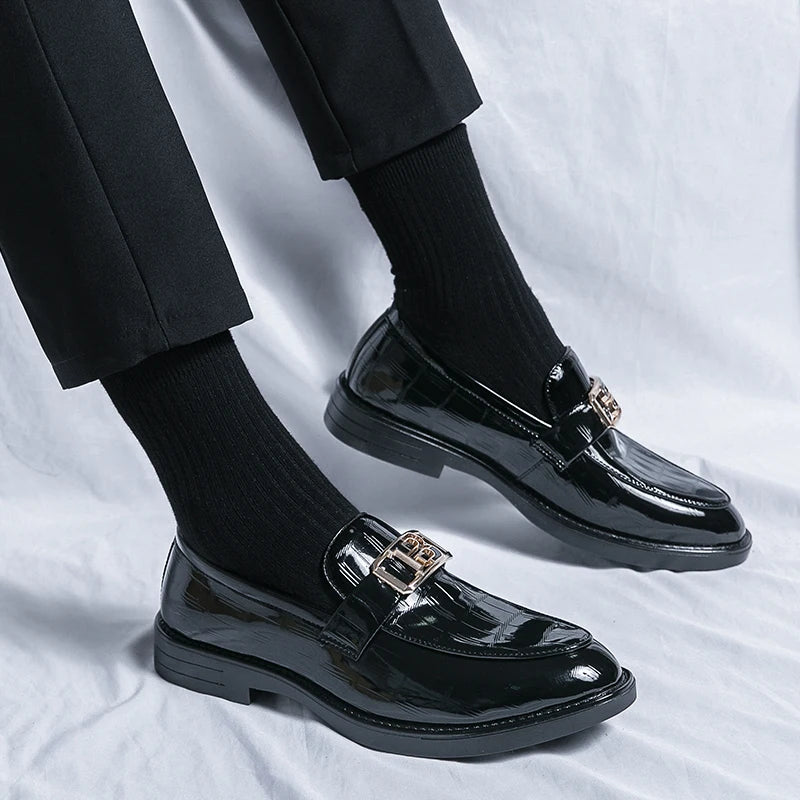 Loafers for Men Patent Leather Stone Pattern Slip-On Round Toe