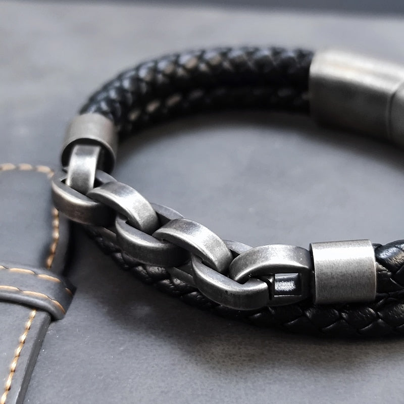 Multi layered Stainless Steel Charm Viking Leather Bracelet