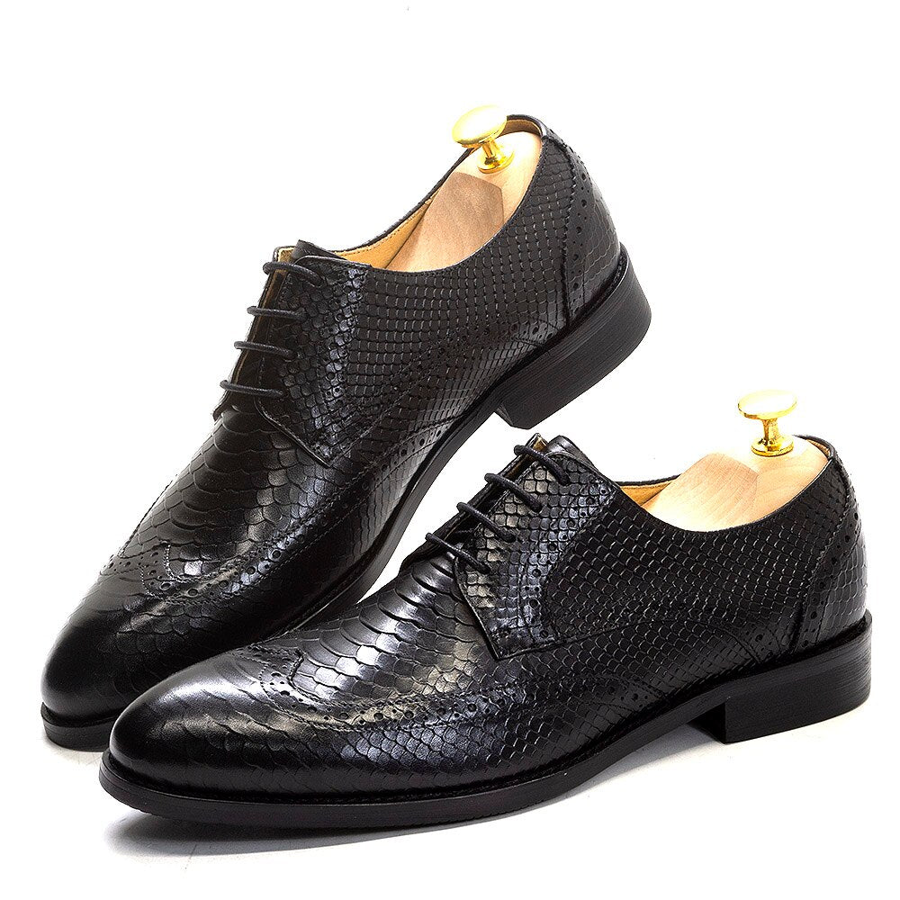 Classic Italy Style Full Grain Cow Leather Snake Pattern Lace-Up