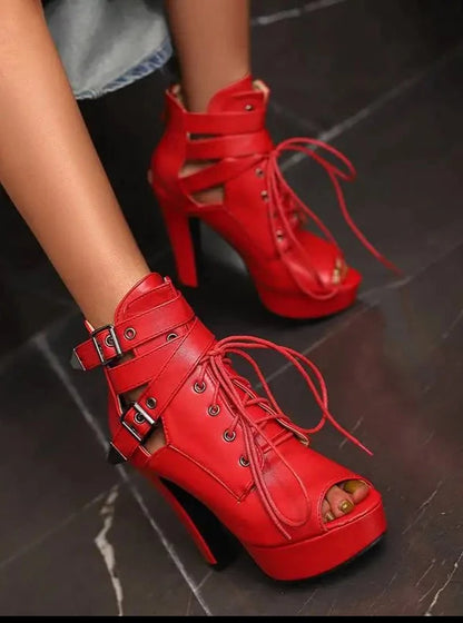 Luxury Ladies Shoes Open Toe Thick Heels 12cm Zipper Lace Up