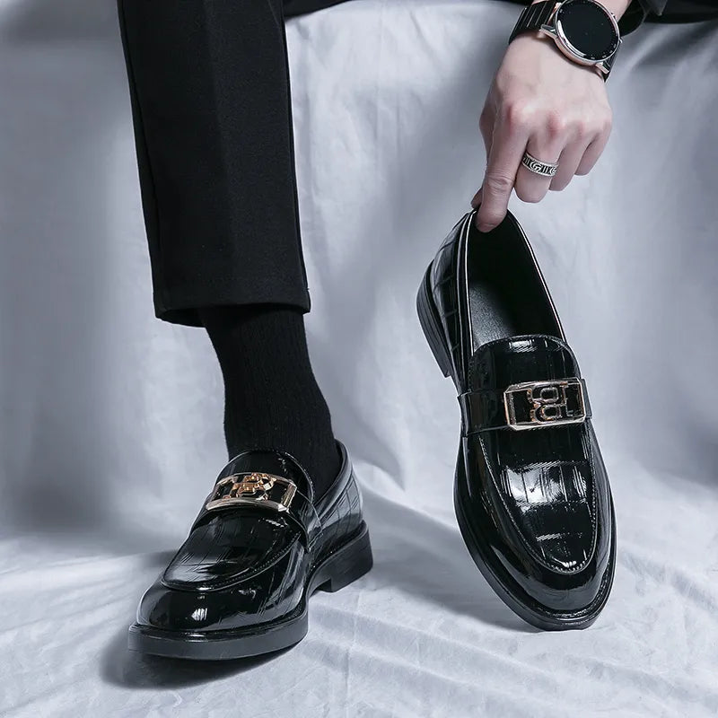 Loafers for Men Patent Leather Stone Pattern Slip-On Round Toe