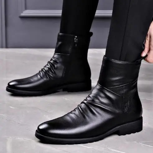 Warm Soft Leather High Top British Side Zipper Chelsea Boots