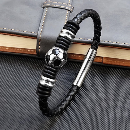 Stainless Steel Football Geometric Braid Leather Bracelet
