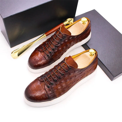 Men's Crocodile Leather Shoes Luxury Handmade Brown Casual Shoes Lace-up