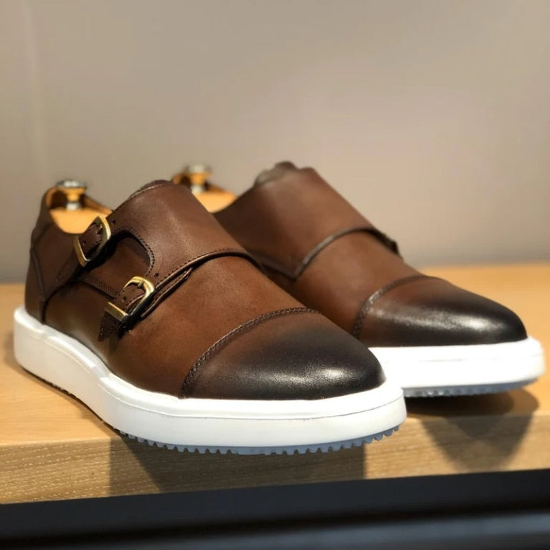 Double Buckle Monk Shoes Brown Handmade Casual Shoes