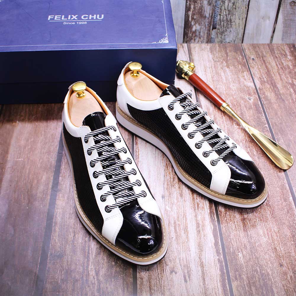Luxury Brand Shoes Men Flat Sneakers Patent Leather Lace-up
