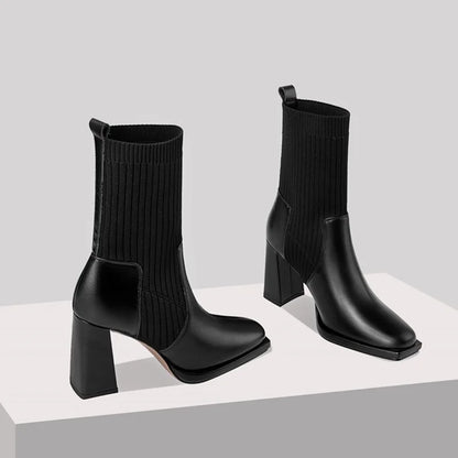 Leather elasticity sock ankle boots woman