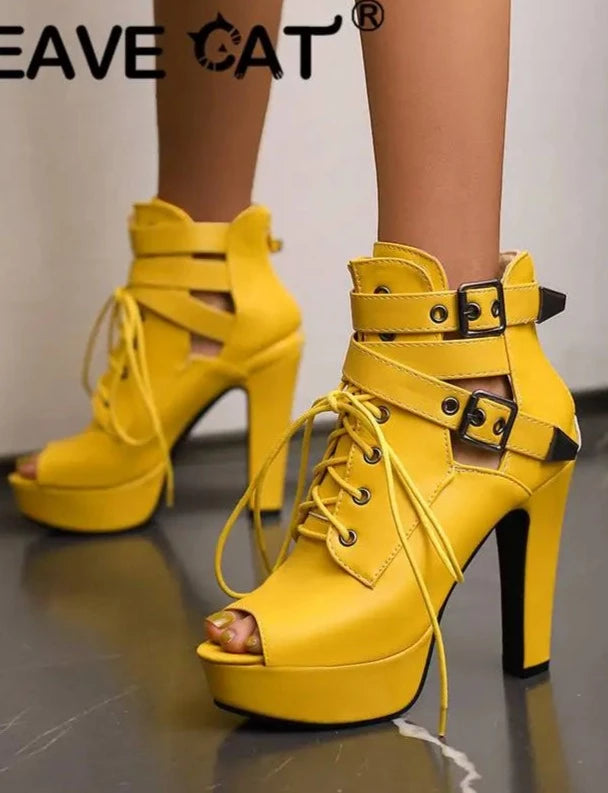 Luxury Ladies Shoes Open Toe Thick Heels 12cm Zipper Lace Up