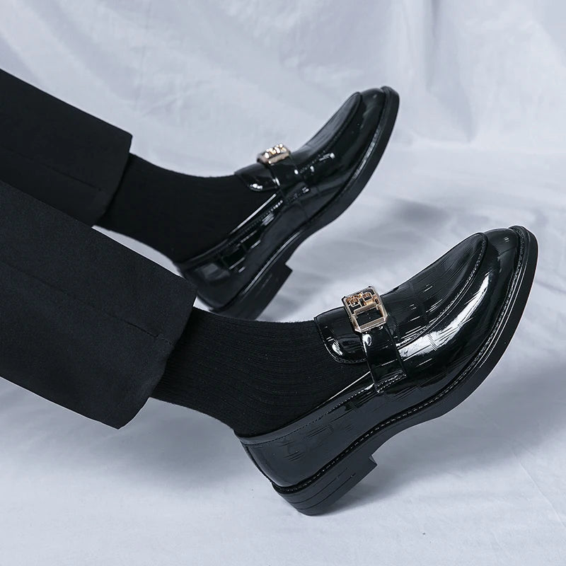 Loafers for Men Patent Leather Stone Pattern Slip-On Round Toe